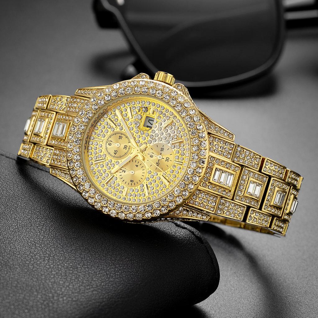 MISSFOX Uhren für Herren Luxus Diamantuhr Hip Hop Wasserdichte Quarz Armbanduhren Datumsanzeige