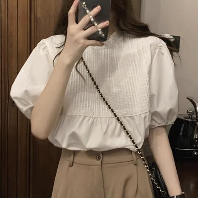 French Style Short Sleeve Blouse White Shirt Tops Women Sweet Puff Sleeve Shirt Solid Stand Collar Casual Loose Clothes 27528