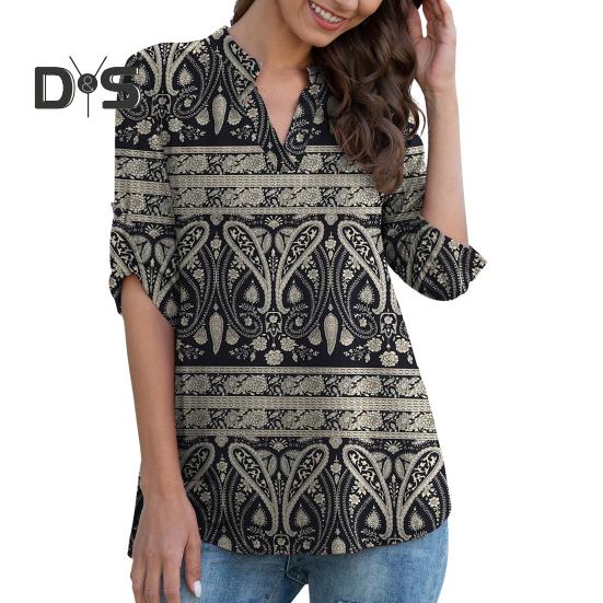 Women Shirt V-neck 3/4 Roll-Up Sleeves Lightweight Tops Flower Print Flowy Hem Tunic Tops Daily Wear