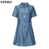 VONDA Women Elegant Short Sleeve Stitching Buttons Up Casual Mini Dress