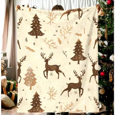 Christmas Elk and Trees Flannel Blanket - Features a Modern Digital Print Elk Pine Tree and Snowflake Design for Home Travel