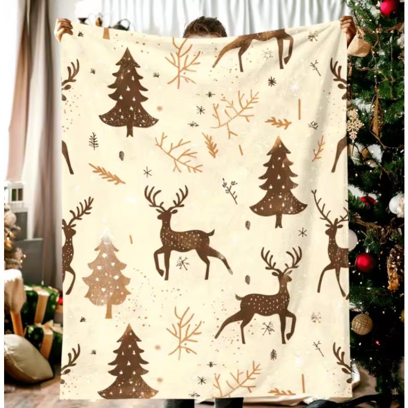 Weihnachtselch und Bäume Flanelldecke - Mit modernem Digitaldruck Elch Kiefer und Schneeflockendesign für Zuhause Reise