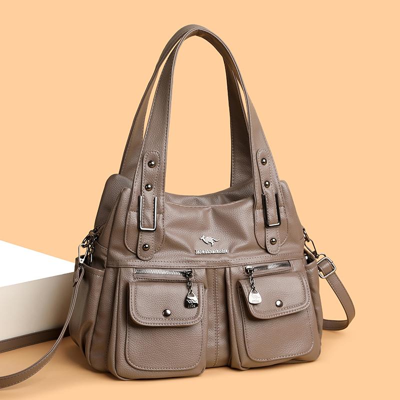 Soft Leather Large Capacity Shoulder Bag Middle-Aged Women's Bag Mother's Bag Commuter Multi-Pocket Crossbody Bag