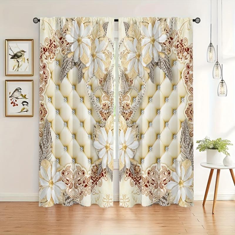 Luxurious Attractive Flowers Printed Curtain Rod Pocket Drapes Decorative Curtains For Living Room Bedroom Office Home Decor