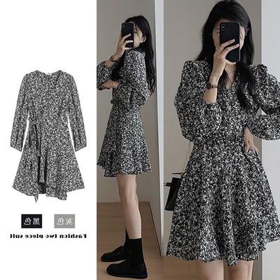 2024 Early Autumn Slim Floral Dress - French Style, Long-Sleeve, Short Skirt