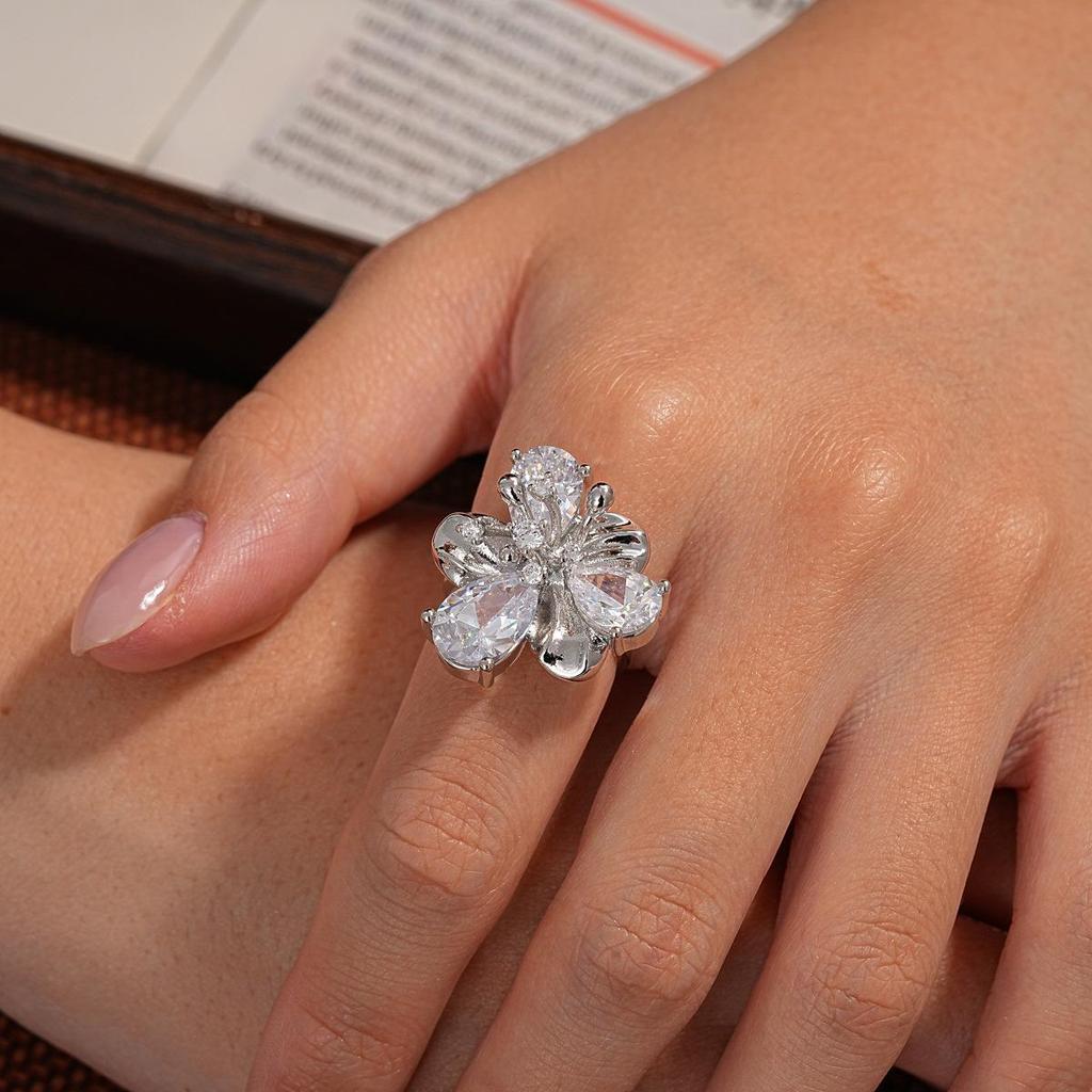 18k Gold Plated Zircon Flower Open Ring - Luxury European & American Style Index Finger Ring