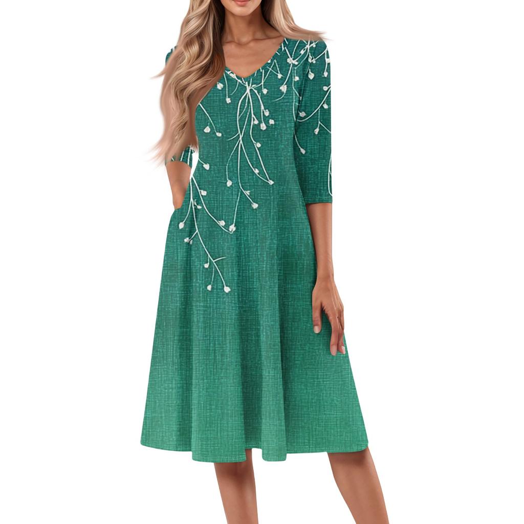 Women's Casual Fashion V Neck Three Quarter Sleeve Print Midi Dress