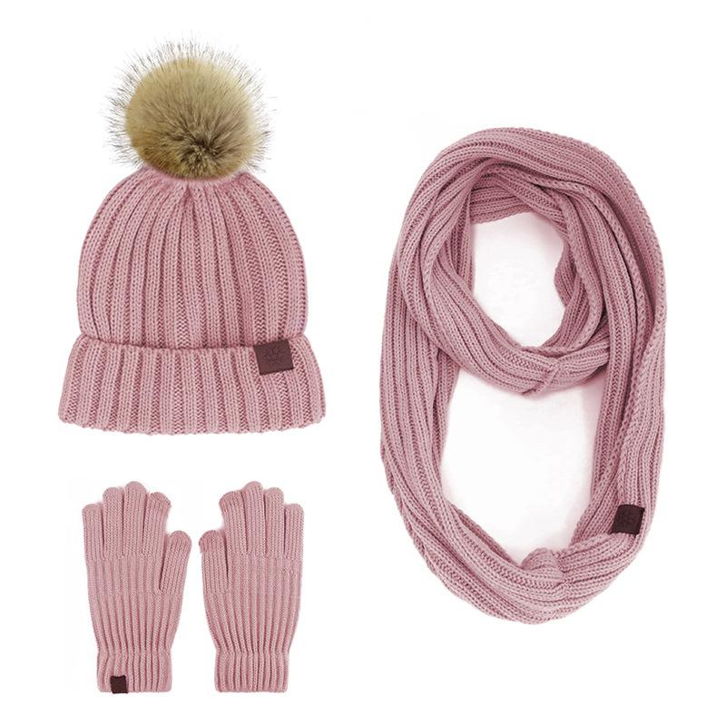 New product winter adult women's hairball knitted hat scarf gloves three-piece outdoor warm scarf set