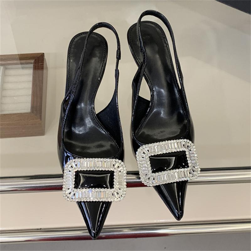 Pesstwei Glitter Design Square Button Diamonds Pumps Woman Sandals Elegant Sexy Thin Heels Pointed Toe Prom Slingbacks Shoes