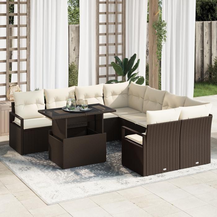 Ensemble de Sofa de Jardin vidaXL 9 Pièces avec Coussins Marron Rattan Poly, Sofa de Jardin 2 Places vidaXL avec Rangement 3357531