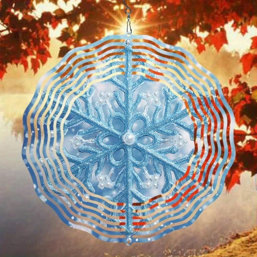 Snowflake Wind Chime Outdoor Decor Durable Metal Hanging Ornament for Patio Balcony Garden Christmas Halloween Thanksgiving Blue White Design