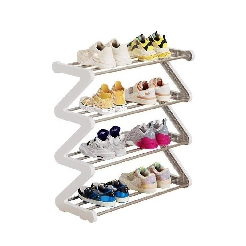 Z-tvarovaný stohovateľný organizér na topánky s kovovým rámom a plastovými policami, montáž bez náradia, nosnosť 8,82 libry, priestorovo úsporné podlahové úložisko