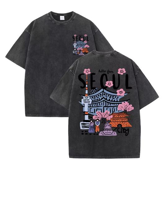 

Seoul Beautiful Scenery Printed Washed T Shirt Female Summer Crewneck Clothes Trendy Cotton Short Sleeve Casual New TShirts S