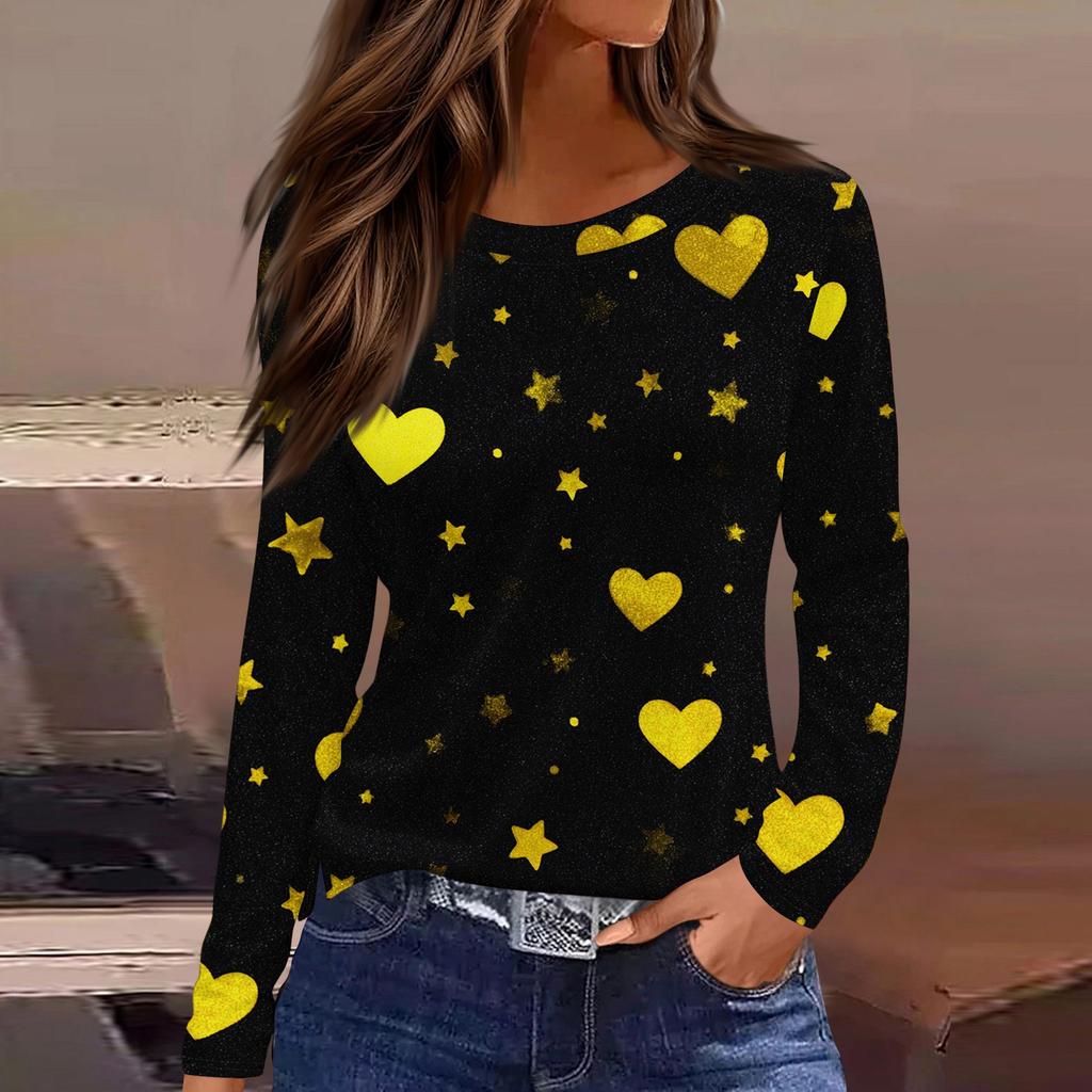 Damen Modisches Langarm-Rundhals-Oberteil mit Schlitzsaum und Valentinstag-Herzprint