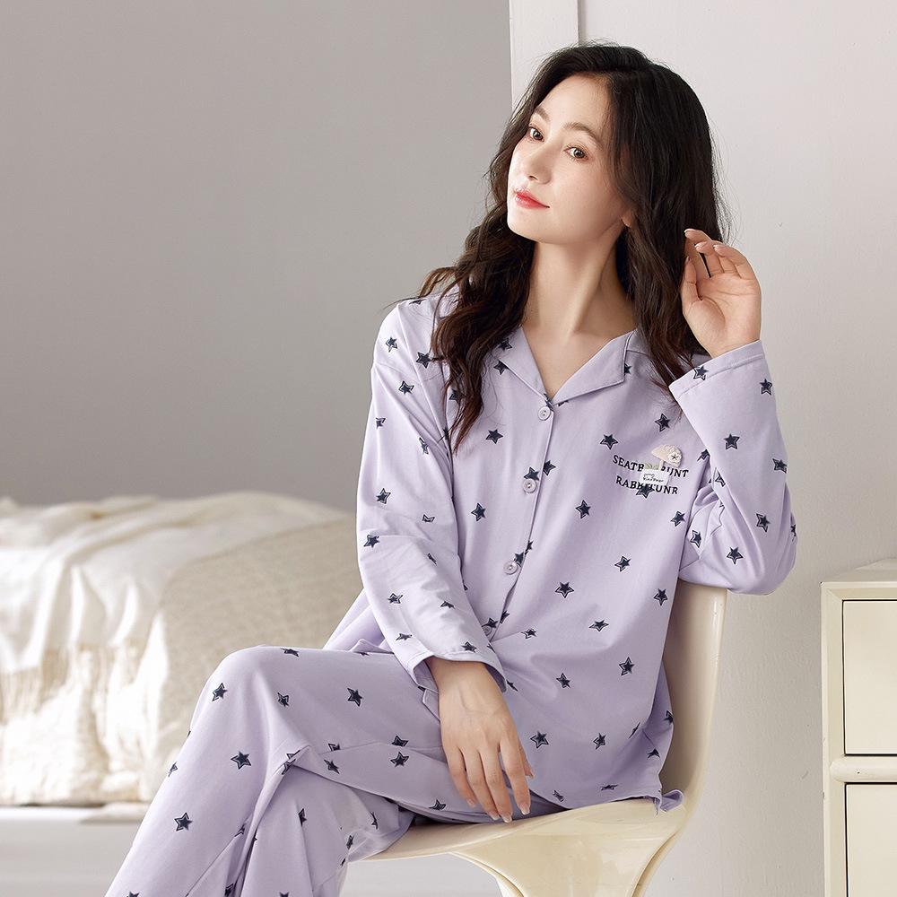 Damen Frühling & Herbst Lycra Baumwolle Pyjama Set - Langärmiger Cardigan & Hose, Schlichte lockere Passform, Jugendlicher Stil.