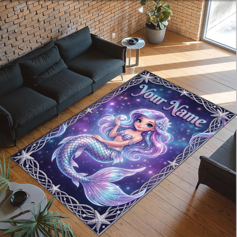 Mermaid Theme Crystal Velvet Floor Rug Personalized Custom Name Text Warm Carpet Home Decoration