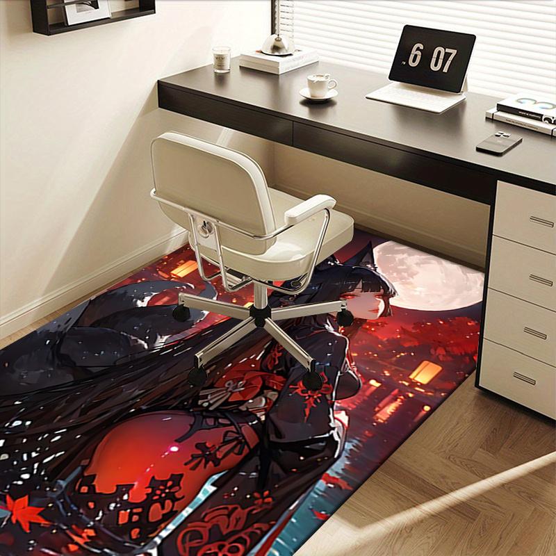 Japanese Fox Girl Chair Mat Office Carpet with Traditional Design for Home Decor and Gift