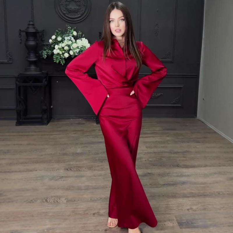 2025 Autumn European & American Satin Shirt and Bodycon Skirt Set with Flared Sleeves and Turn-Down Collar for Women