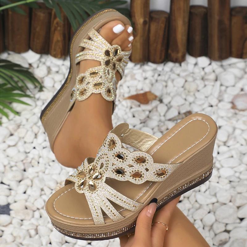 Fashion Fashion Rhinestone Chunky Platform Sandals Women Hollow Out Wedge Heel Sandals Woman Summer Thick Bottom Non Slip Beach Slippers