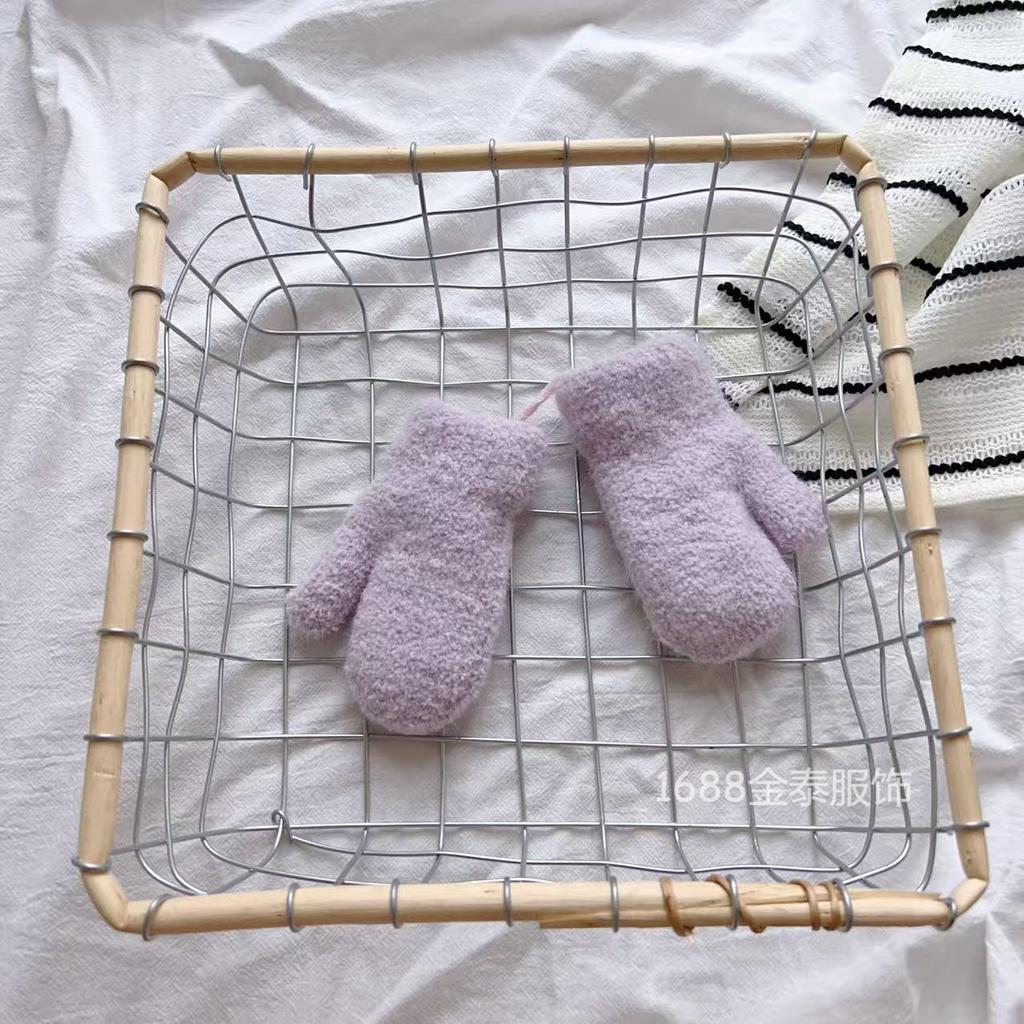 Baby Gloves Ins Soft Glutinous Waxy~ Korean Simple Solid Color Plush Baby Winter Thickened Warm Neck Bag Finger