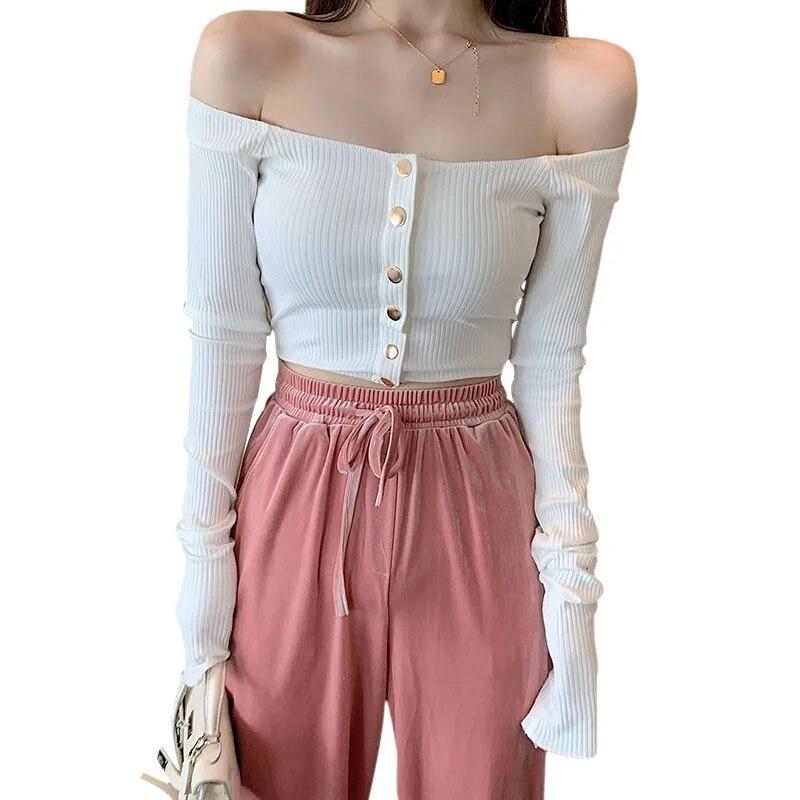 

Модная женская футболка с вырезом на пуговицах, тонкая футболка с длинными рукавами, осенние однотонные женские короткие укороченные топы One Size белый