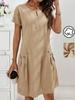 New European and American women's clothing pure cotton cotton and linen pocket zipper collar short-sleeved button dress