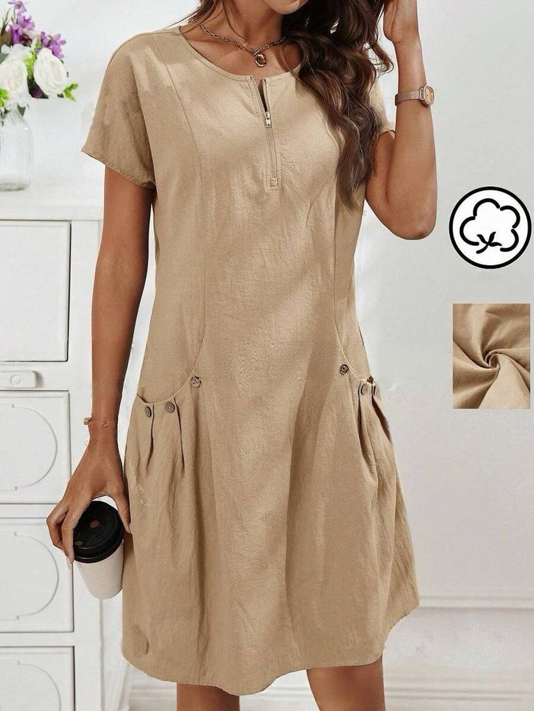 New European and American women's clothing pure cotton cotton and linen pocket zipper collar short-sleeved button dress