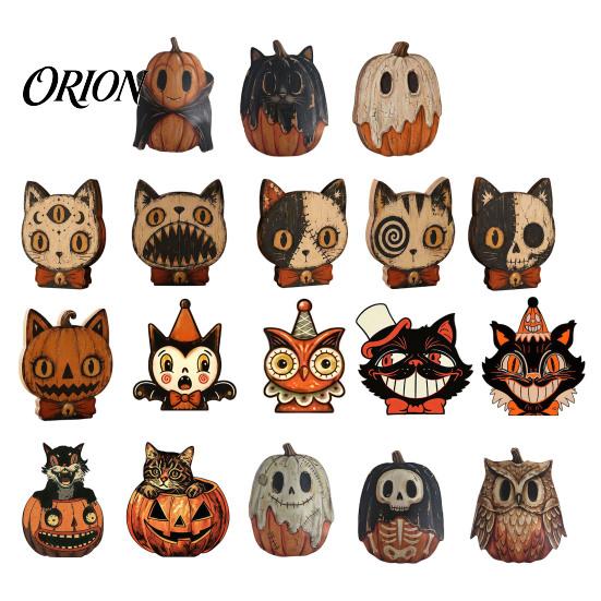 Atmospheric Retro Interior Ornaments Halloween Wooden Ornaments, Distressed Pumpkin/Cat Decorations, Desktop & Wall Artistic Home Office Decor Decors