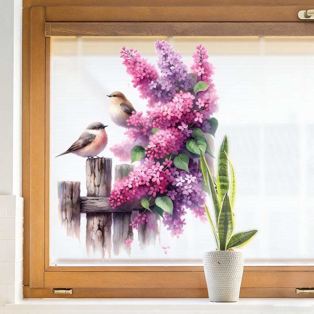 Serene Purple Floral Perched Bird Window Sticker Self-Adhesive Removable Living Room Bedroom Kitchen Office Home Decor Art