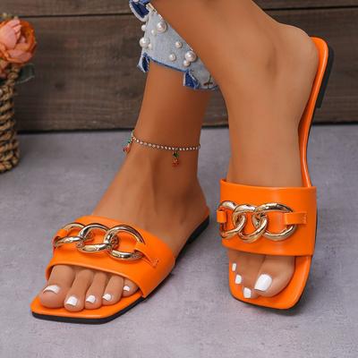 2025 Spring and Summer New Cool Slippers Metal Chain Square Head Flat Bottom Multi-color One-character Sandals Foreign Trade Large Size Shoes