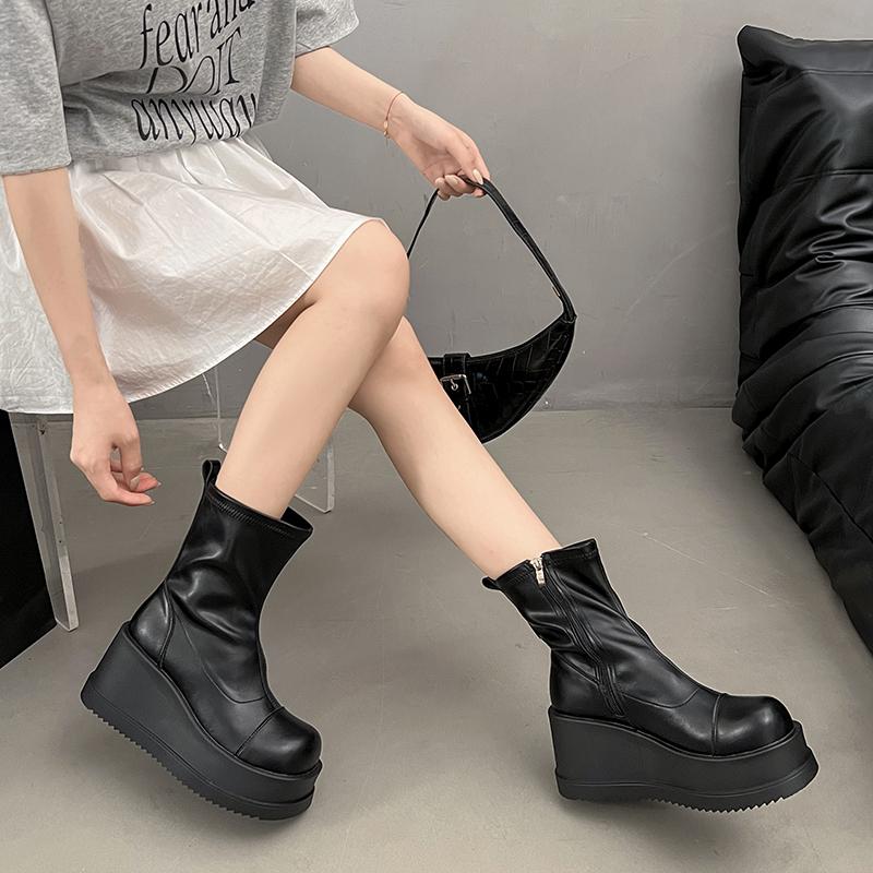 Fashion 8cm Microfiber Leather Platform Boots Women Female Autumn Wedge Boots Zip Women Winter Boots Ankle Shoes High Top