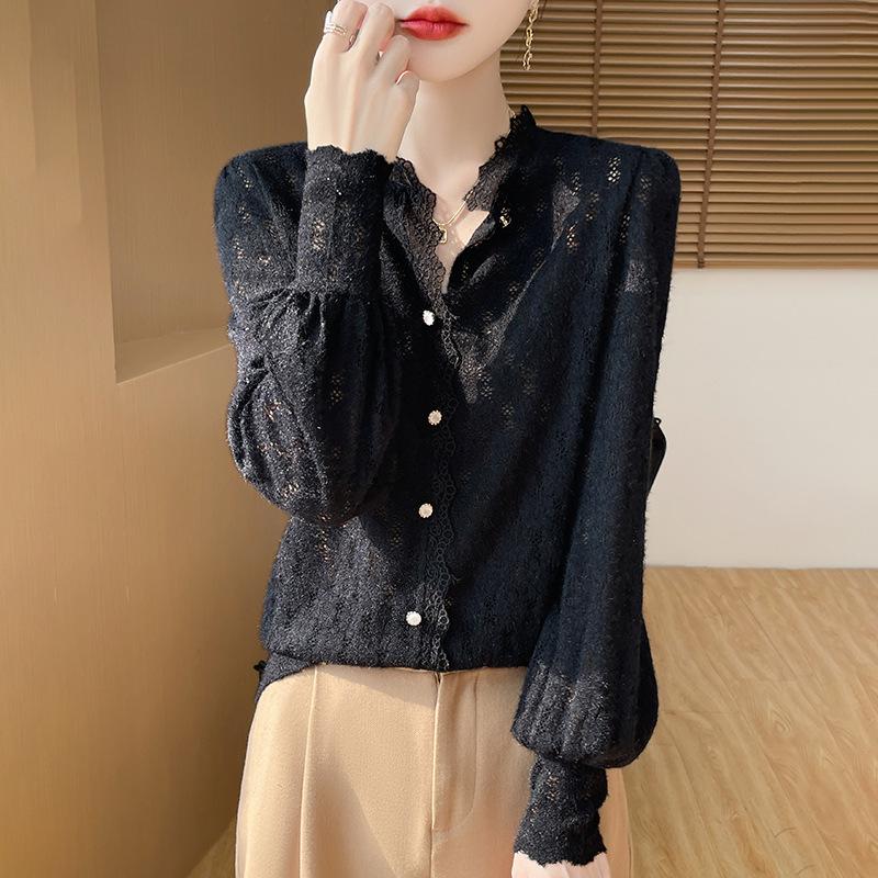 

Темпераментный полированный полый рукав-пузырь кружевной топ женская базовая рубашка весна и осень новый свободный M