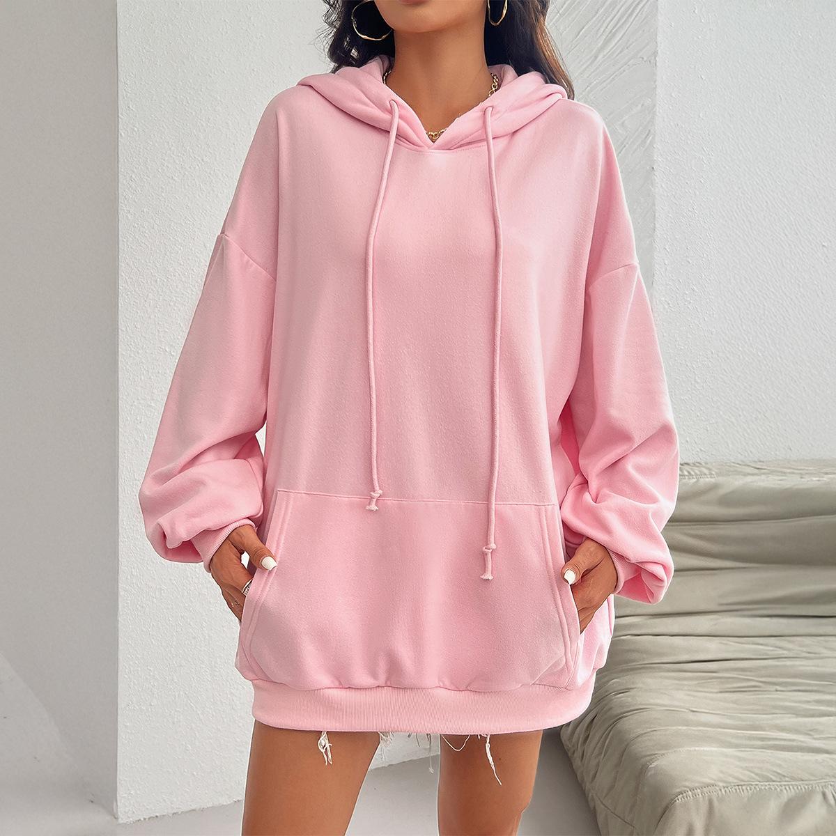 

Осенне-зимняя женская повседневная свободная однотонная толстовка с карманом и капюшоном с длинным рукавом XL бледно-розовый