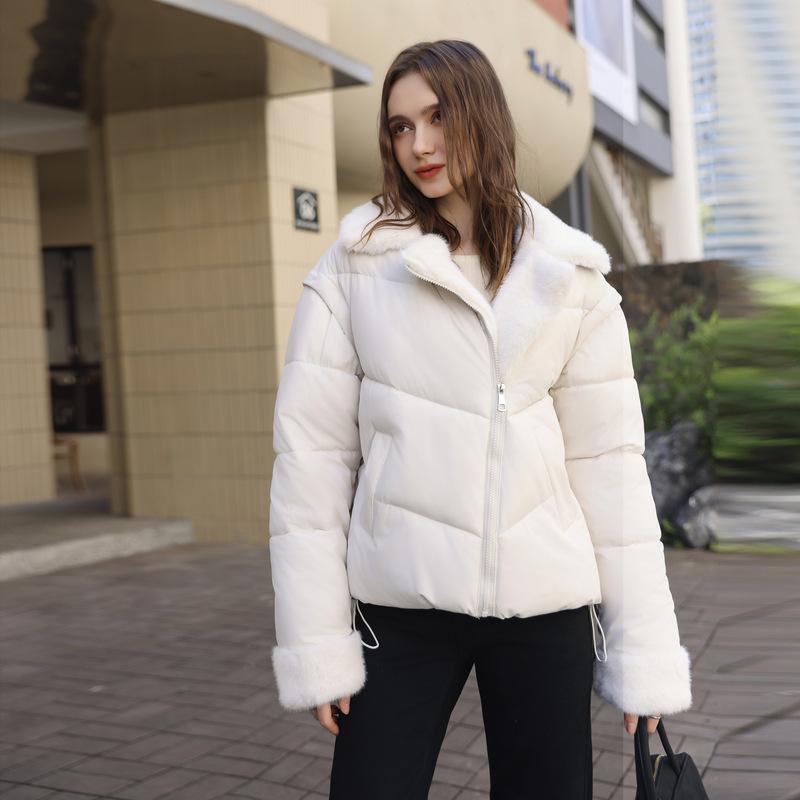 Short Imitation Mink Fur Lapel Cotton-padded Jacket with Detachable Sleeves