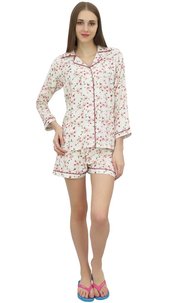 Bimba Womens Off White Button-Down Shirt With Elastic Waist Short