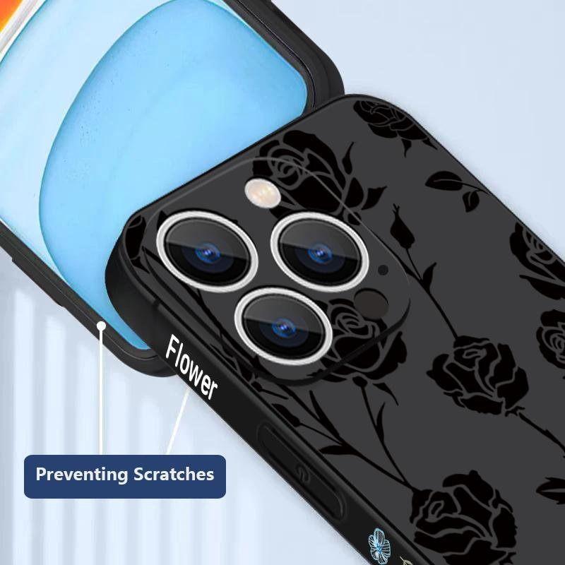 Lanyard Case For iPhone 17 Pro Max Black White Rose Flowers Soft TPU Silicone Phone Cover For iPhone 16 15 14 13 Pro Max 17E