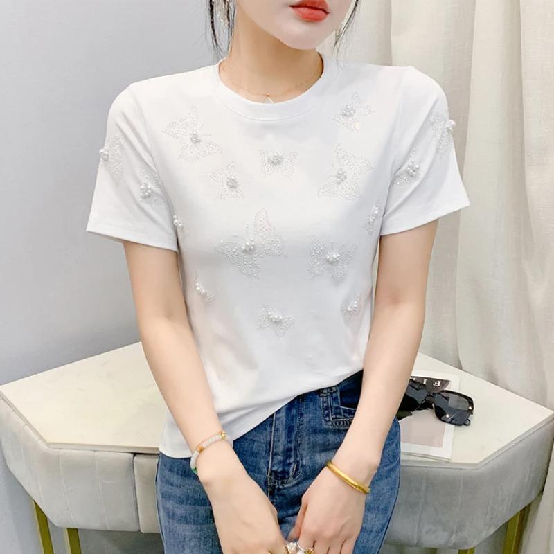 Summer New Fashion Women 100% Cotton Beading Butterfly Designer T-Shirts Short Sleeve Tees Casual Female Tops Shirts