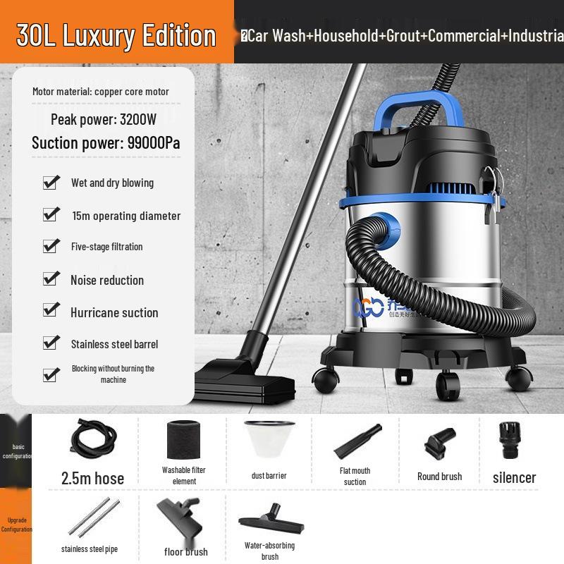 Dual-Use Wet/Dry Industrial Vacuum Cleaner for Home, Commercial, and Car Cleaning with Large Suction