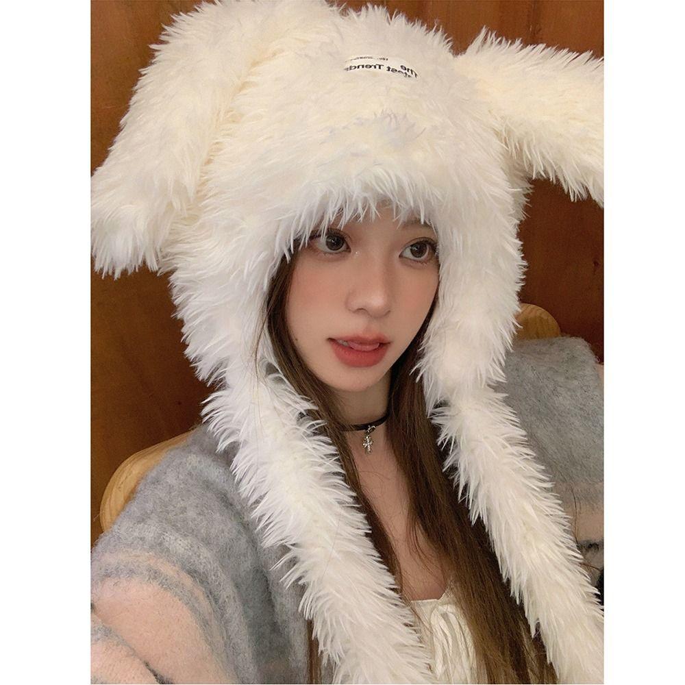 Cute Fuzzy Bunny Hat Long Rabbit Ears Winter Beanies Hats Sweet Women's Plush Caps  Ski
