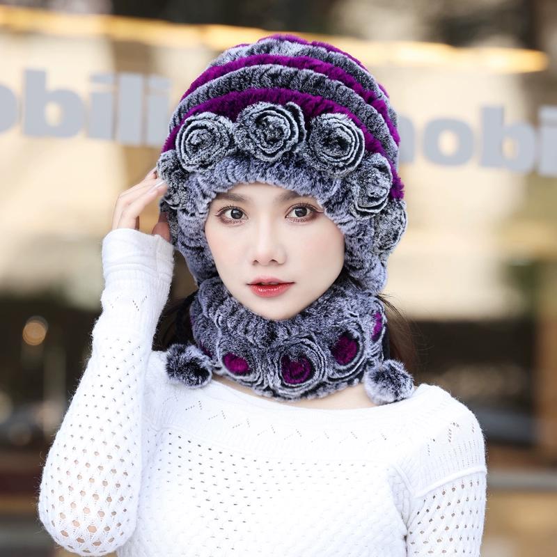 Rex Rabbit Hair Hat Scarf Two-piece Set Women's Winter In The Elderly Mother Grandma Winter Fur Scarf Cover