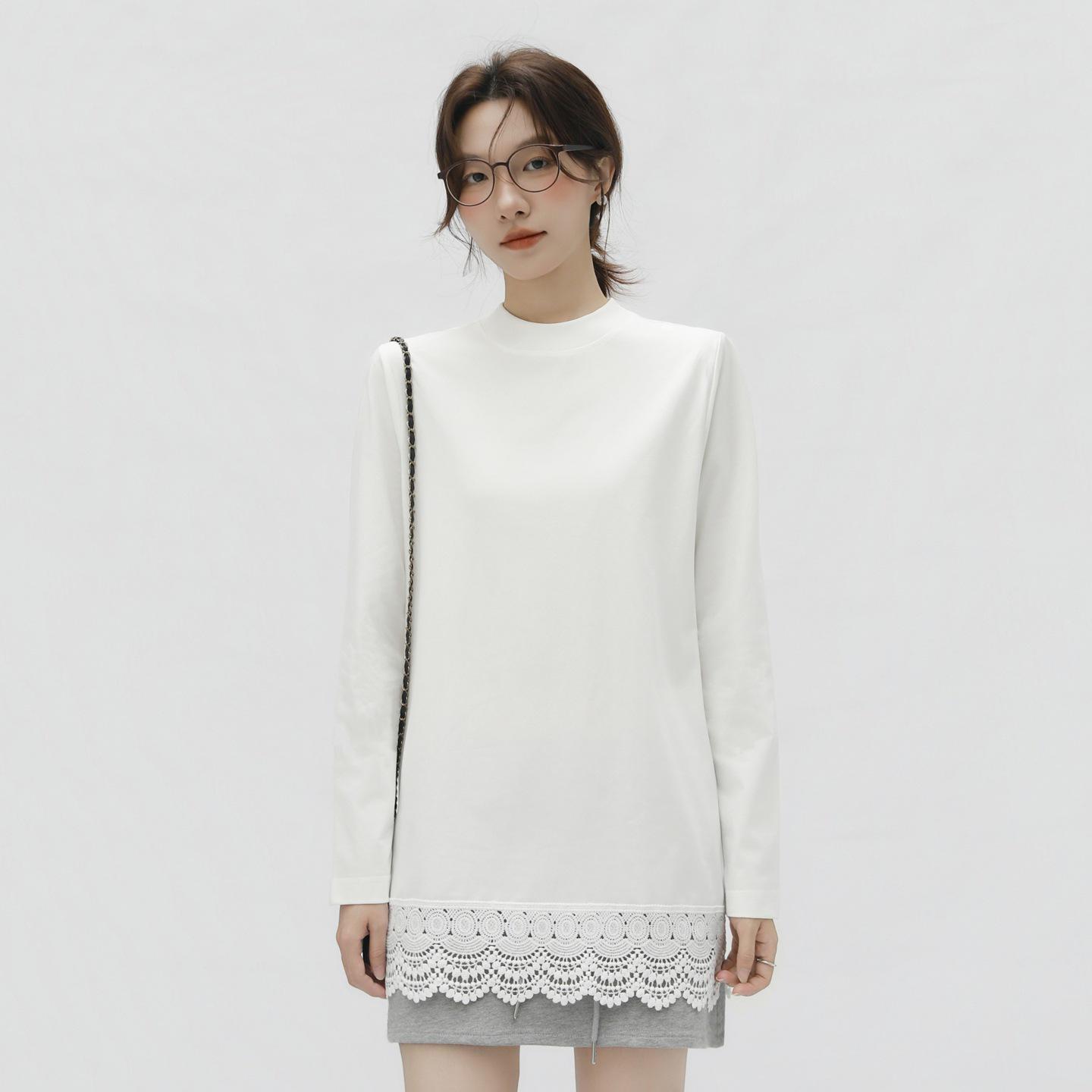 

Women s Long Sleeve Lace Hem T-Shirt with Half-High Collar - Loose, Slimming Mid-Length Base Layer S (recommended for up to 95 jin) грязно-белый