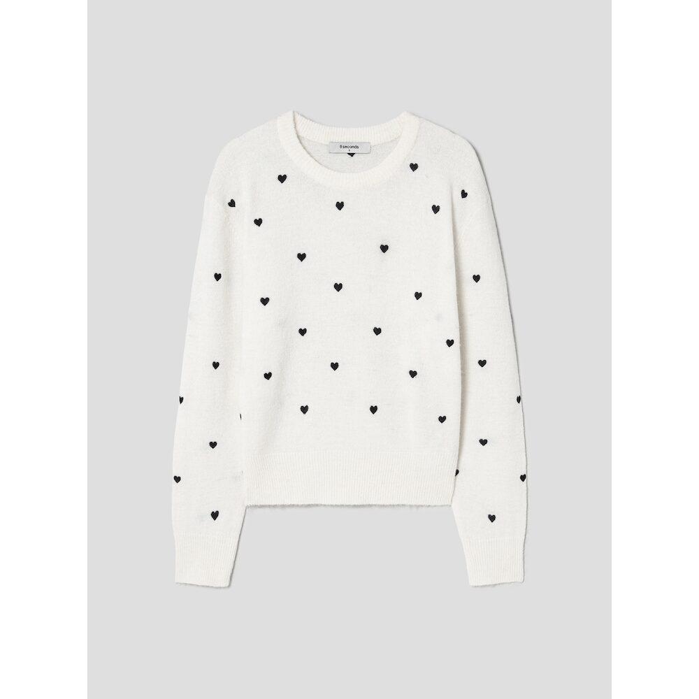 8SECONDS Heart Pattern Embroidered Round Neck Pullover Ivory