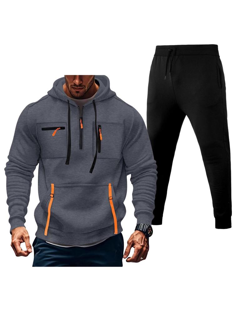 Men's Multi-Zipper Hoodie Sweatshirt & Sweatpants Set with Pockets