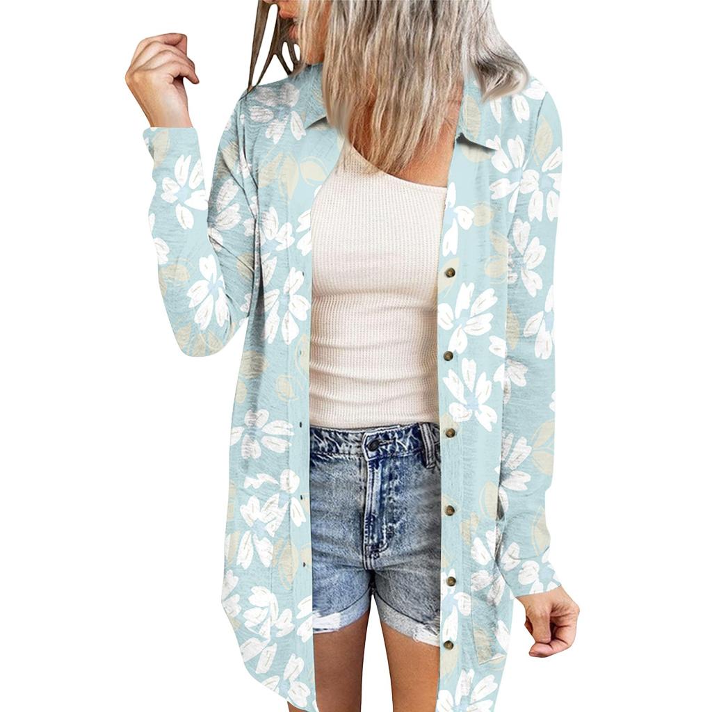 Women's Casual Fashion Printed Long-sleeved Mid-length Cardigan Jacket