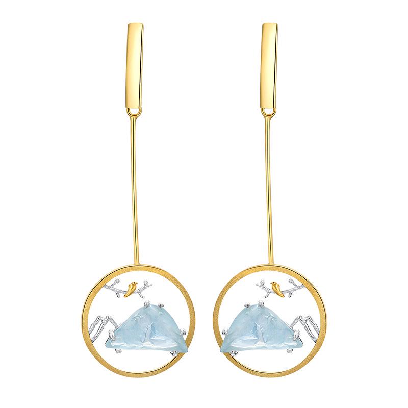 Natürlicher Aquamarin Rohstein Silber S925 Damen Chinesischer Stil Kreativer Handgefertigter Hängeohrring