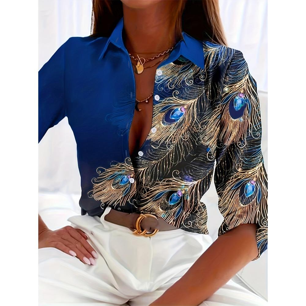 Peacock Print Casual Loose Women's Shirt 2023 Autumn Vintage Women's Oversized Shirts and Blouses Fashion Elegant Women's Tops