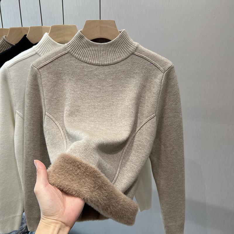 Design Sense Fleece Semi-turtleneck Sweater Women's Autumn and Winter Thickened Warm Integrated Fleece Bottoming Shirt