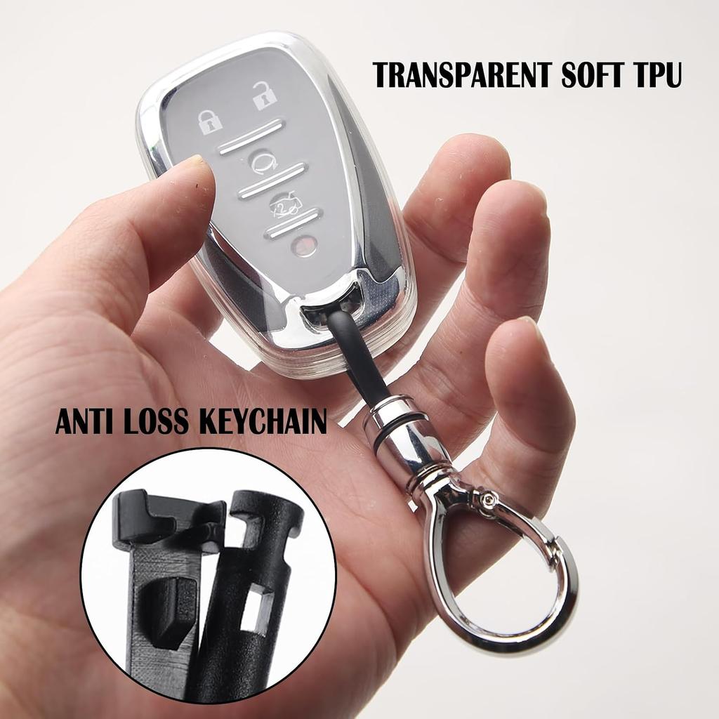 for Chevy Key Fob Cover with Anti-Loss Keychain,Transparent Soft TPU Key Case Shell Full Protection for Chevrolet Equinox Malibu Camaro Volt Bolt