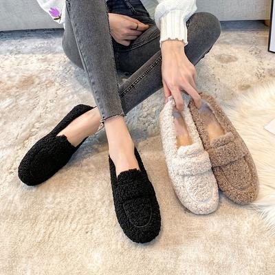 Pelzschuhe Damen Herbst und Winter Draußen 2025 Lammwolle Sojabohnenschuhe Damen Gefüttert Flache Sohle Baumwollschuhe Große Größe
