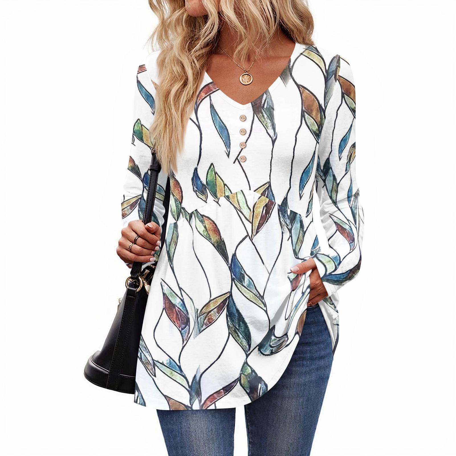 

Женский повседневный модный топ с V-образным вырезом на пуговицах, в стиле ретро, с цветочным принтом, с длинным рукавом XL циан